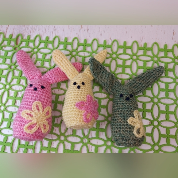 Three Cute Long Ear Bunnies with Flowers Handmade by me! Cute Decor or Gift Boho - Picture 4 of 12